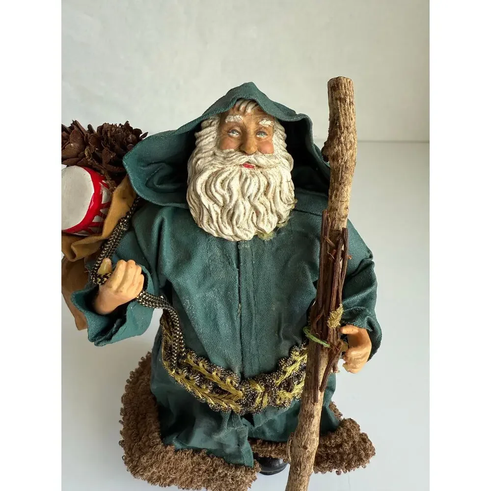 Vintage Paper Mache Santa Green Hooded Robe Toy Sack Old World Christmas 6.5